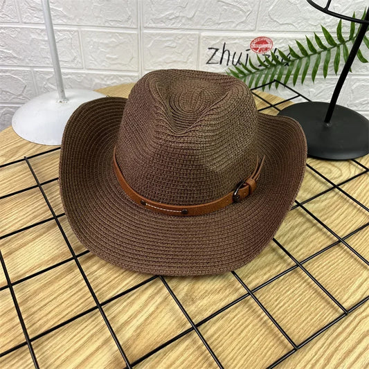 Wide Brim Straw Cowboy Hat Sun Protection for Summer