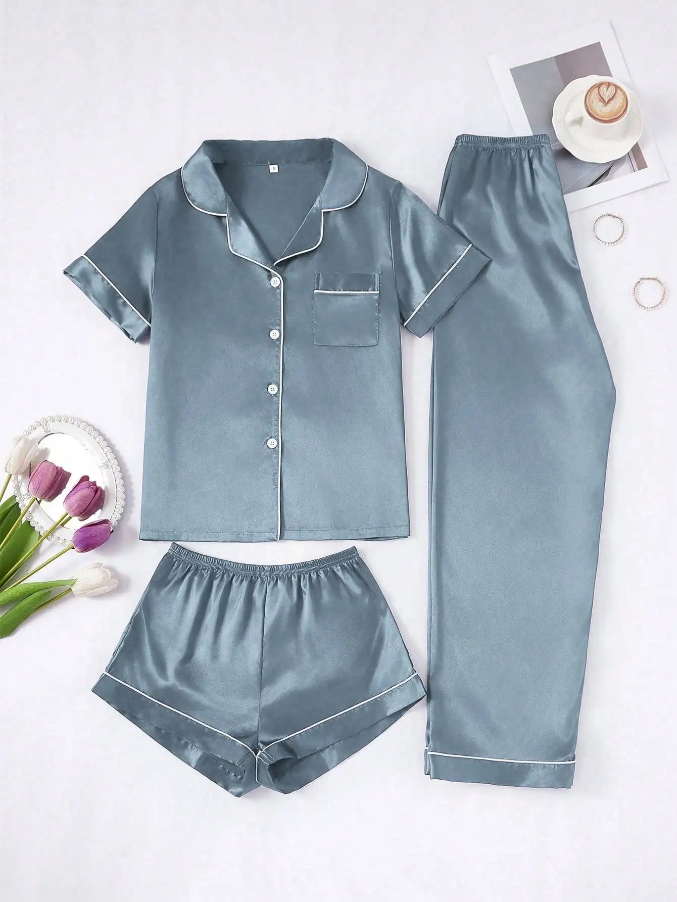 Faux Silk Pajama Set For Women Button-Down Top And Pants