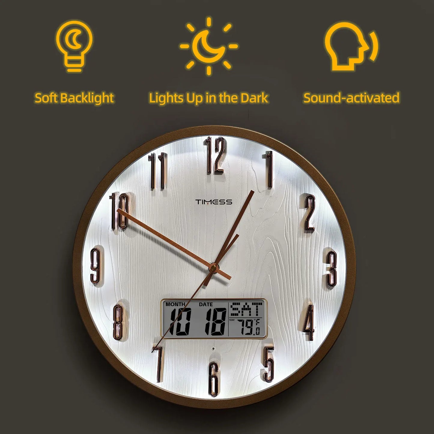 TIMESS Luminous Voice Activated Wall Clock With Perpetual Calendar