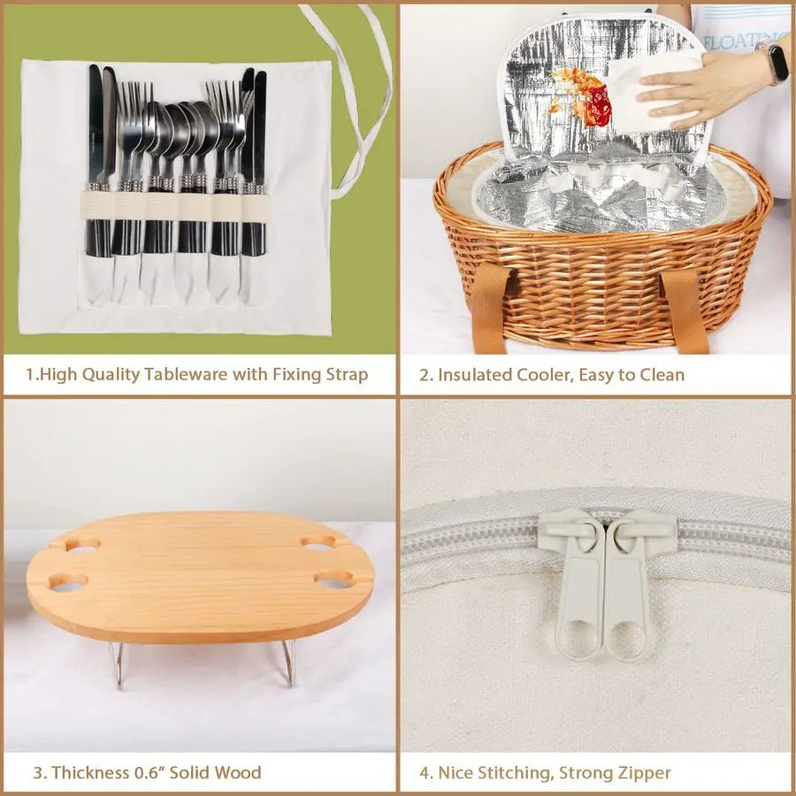 Wicker Picnic Basket Set For Four With Table And Cooler