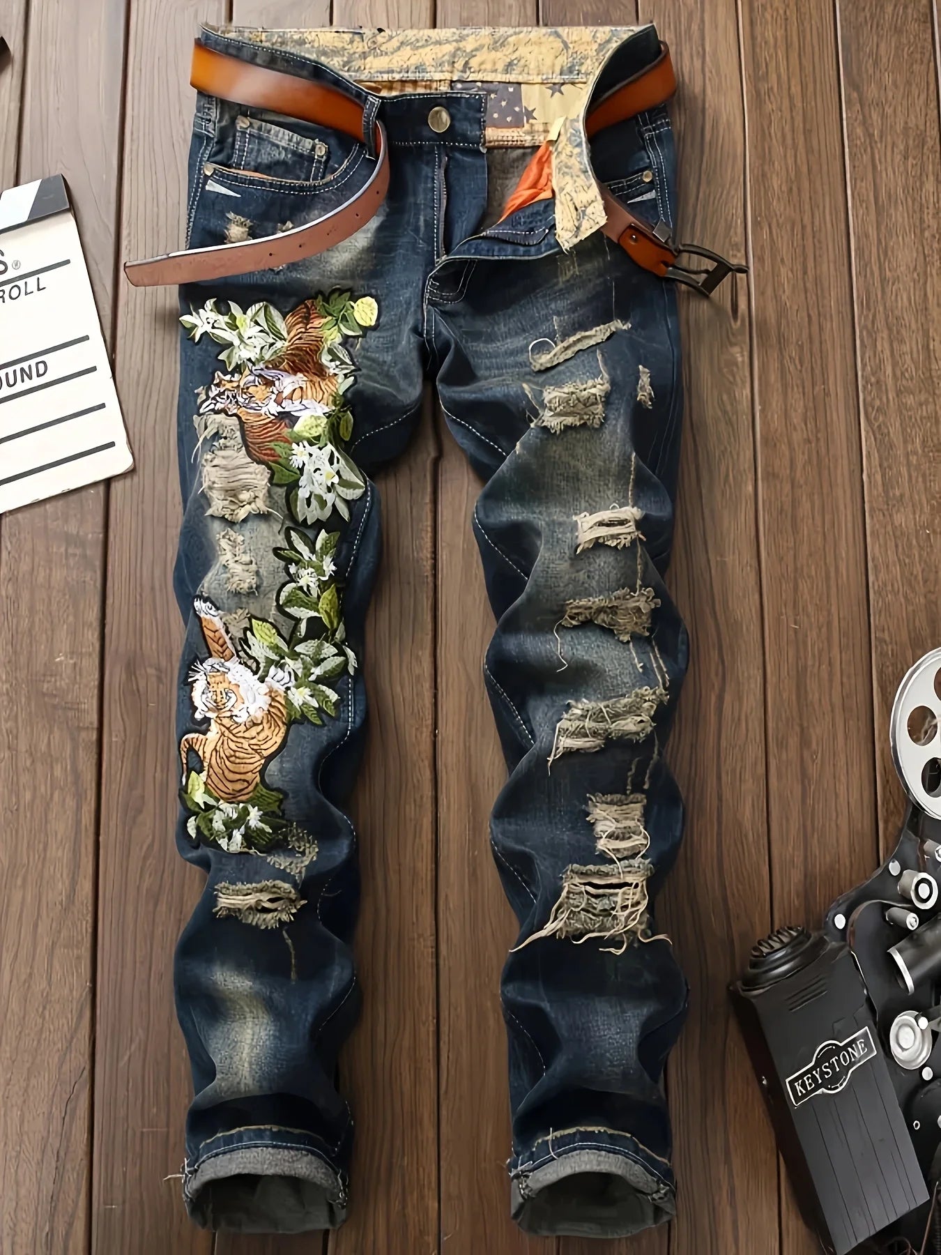 Men's Ripped Slim Biker Jeans Regular Fit Denim Embroidered