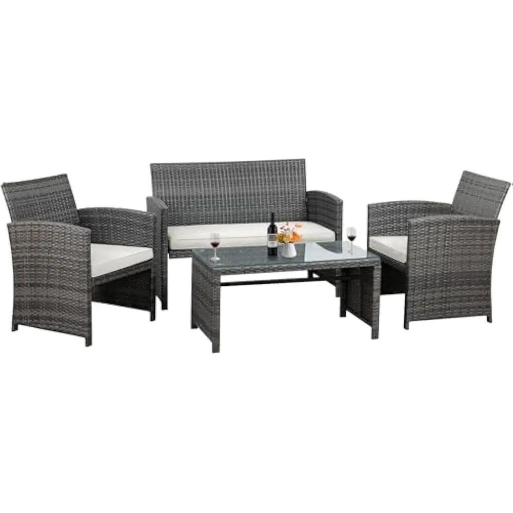 Folded Rattan Patio Set 4 Piece Outdoor Furniture Cushions