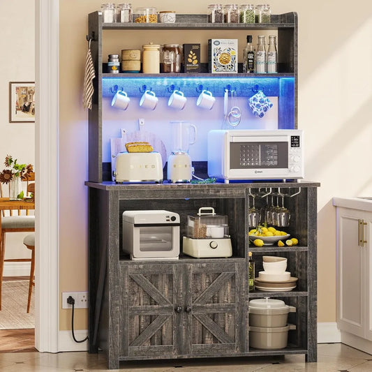 RBXCH Coffee Bar Cabinet With Microwave Hutch LED Lights