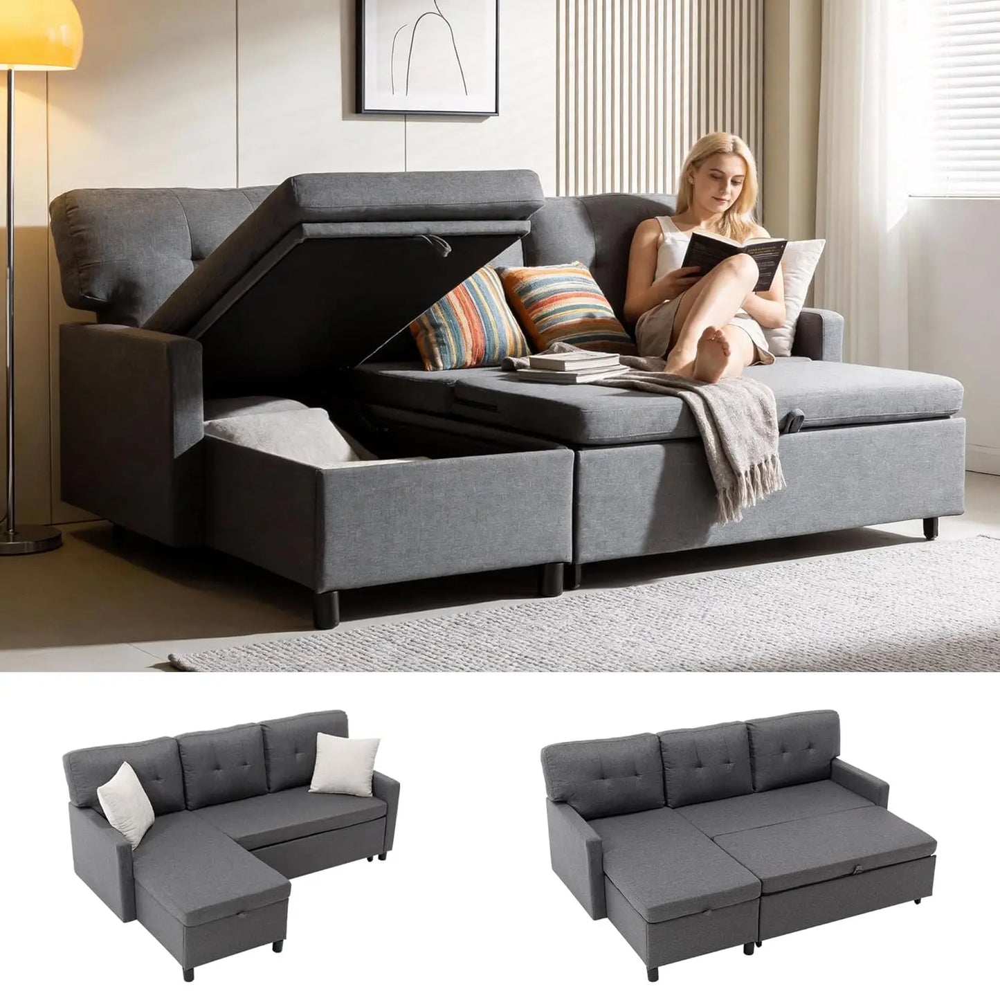 HUANZHUANG Sleeper Sofa with Storage Chaise L Shaped Sectional
