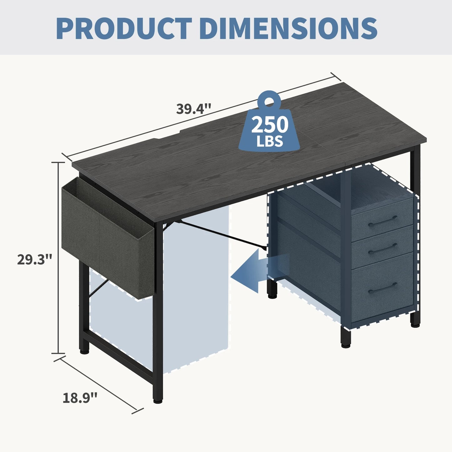 JHK Office Desk With 3 Fabric Drawers And Side Pocket