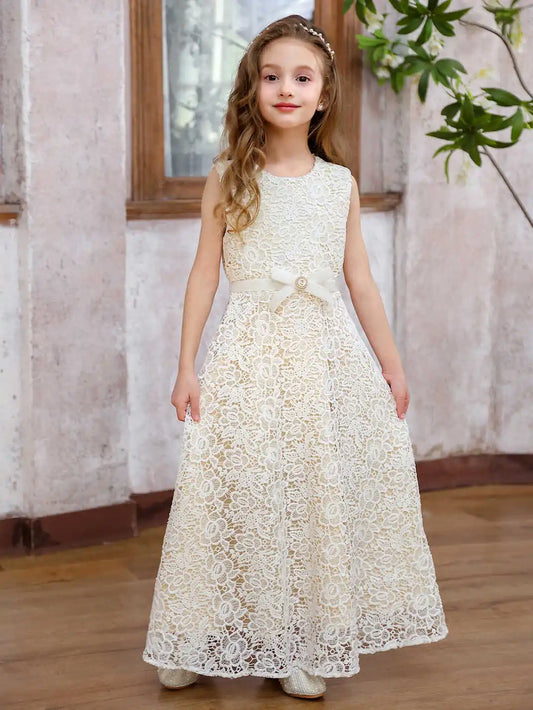 Abaowedding Flower Girl Dress Hollow Floral Bow Belt