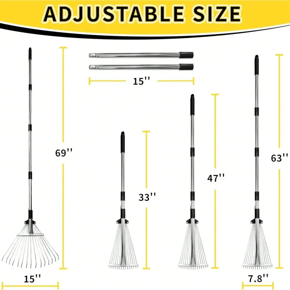 Adjustable Garden Rake With Extendable Head And Long Handle