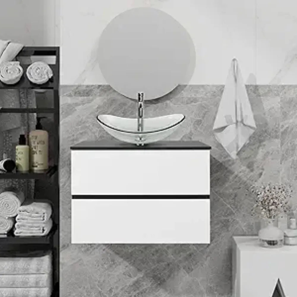Wall Mounted Bathroom Vanity Cabinet With Two Drawers Glass Sink