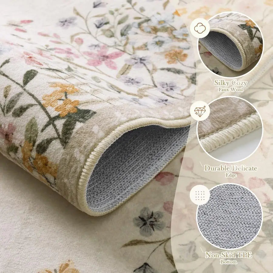 Washable Floral Area Rug Non Slip Entryway And Living Room