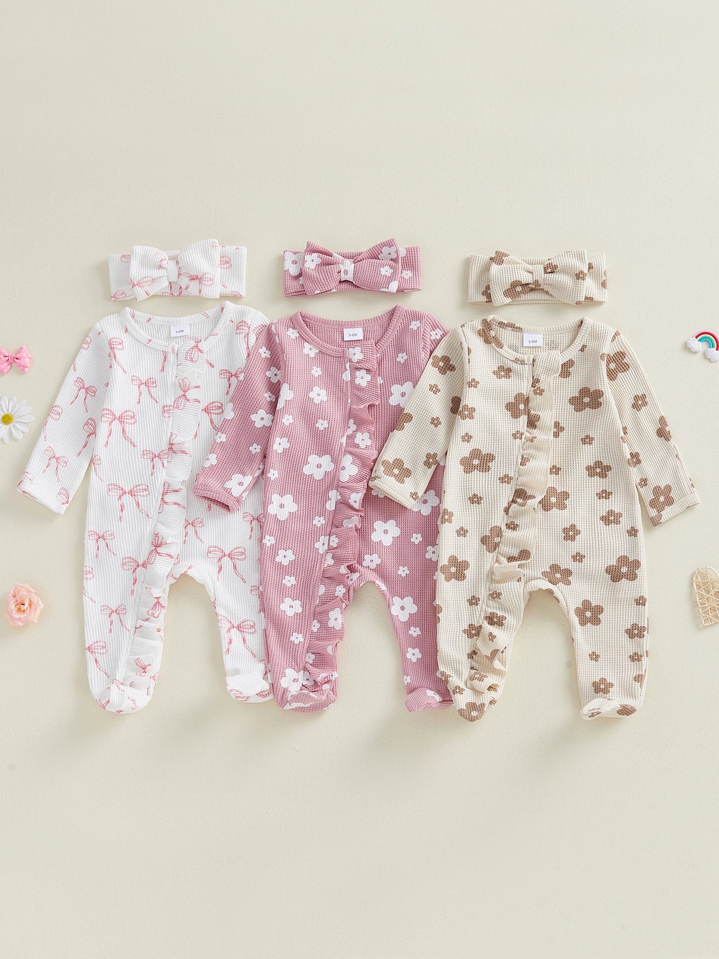 Adorable Baby Girl Floral Print Footie Jumpsuit With Headband