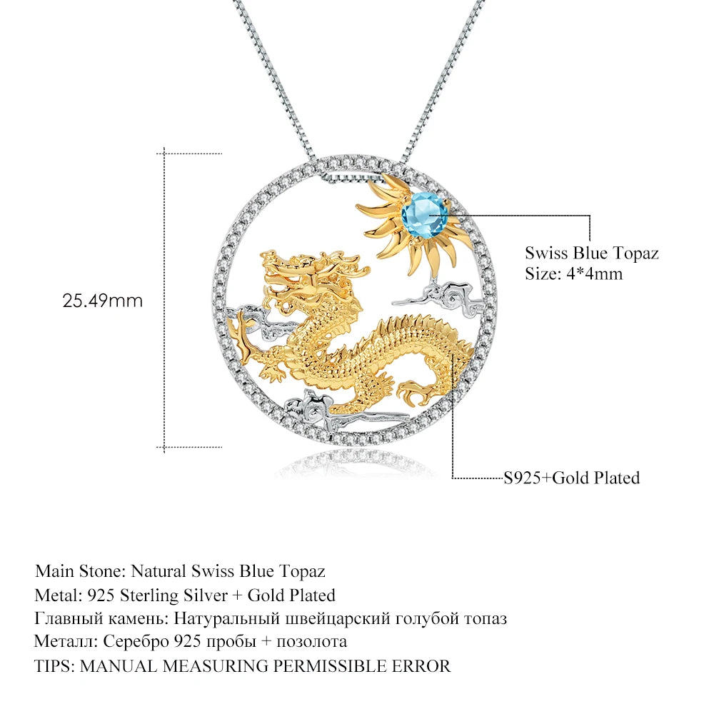 Gem's Ballet 925 Sterling Silver Dragon Pendant Necklace Topaz