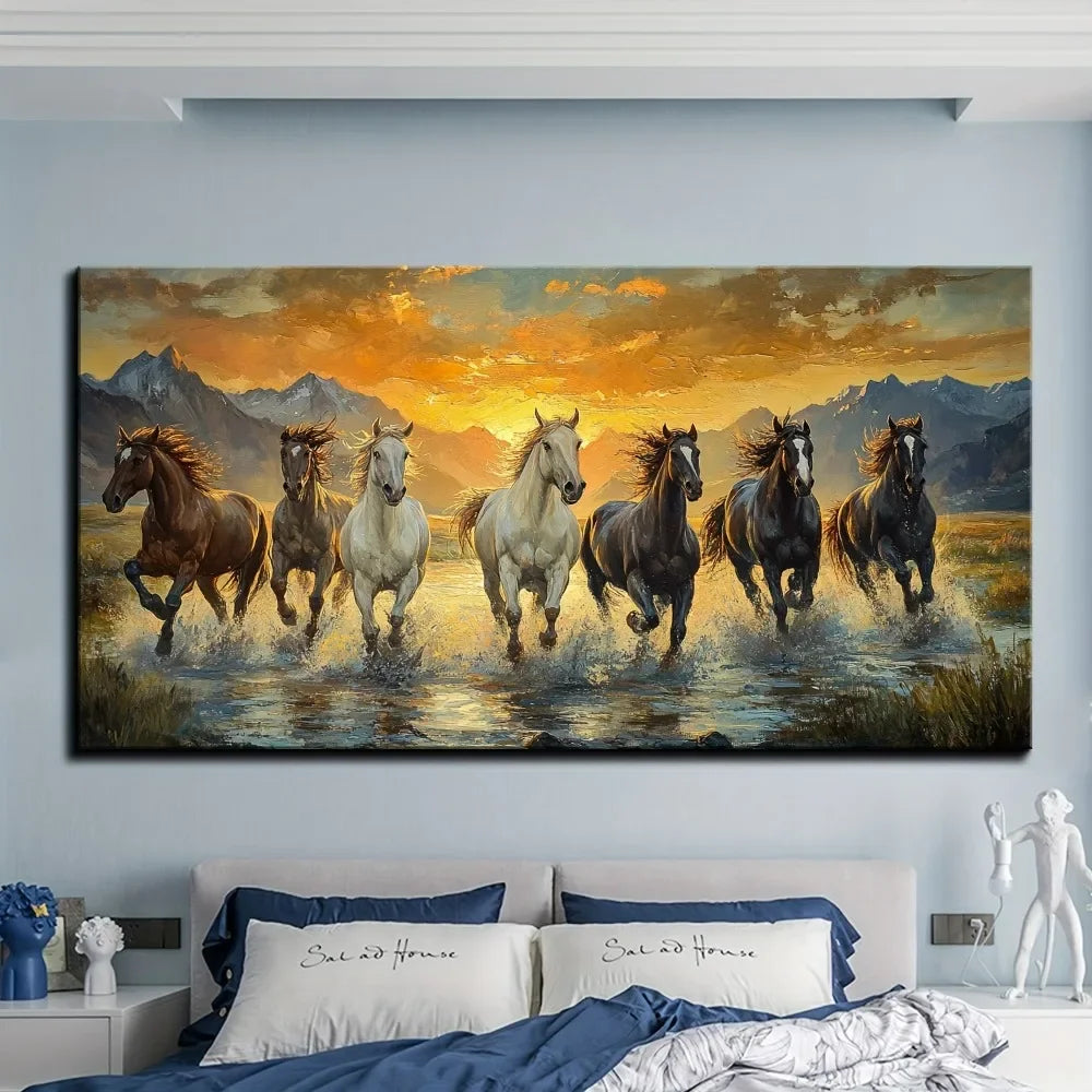 Hign-concerned Feng Shui Seven Horse Waterproof Canvas Wall Art Frame