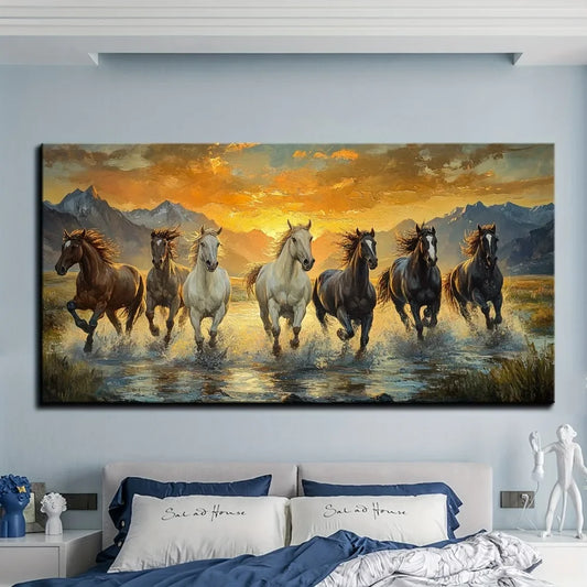 Hign-concerned Feng Shui Seven Horse Waterproof Canvas Wall Art Frame