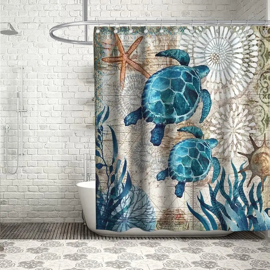 Guangdong Nautical Sea Turtle Fabric Shower Curtain Set With Grommets