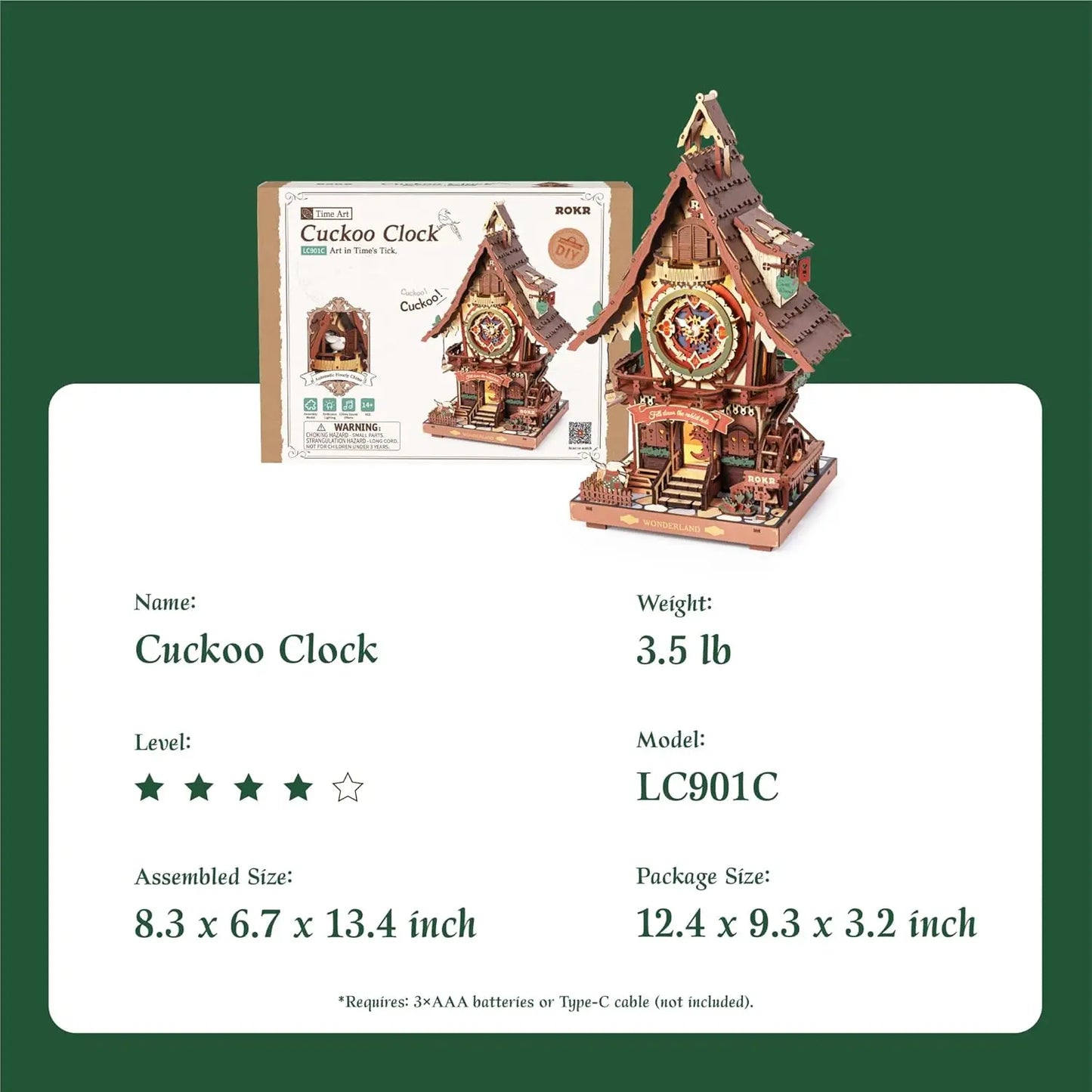 Robotime Rokr 3D Wooden Puzzle Cuckoo Clock Kit Forest