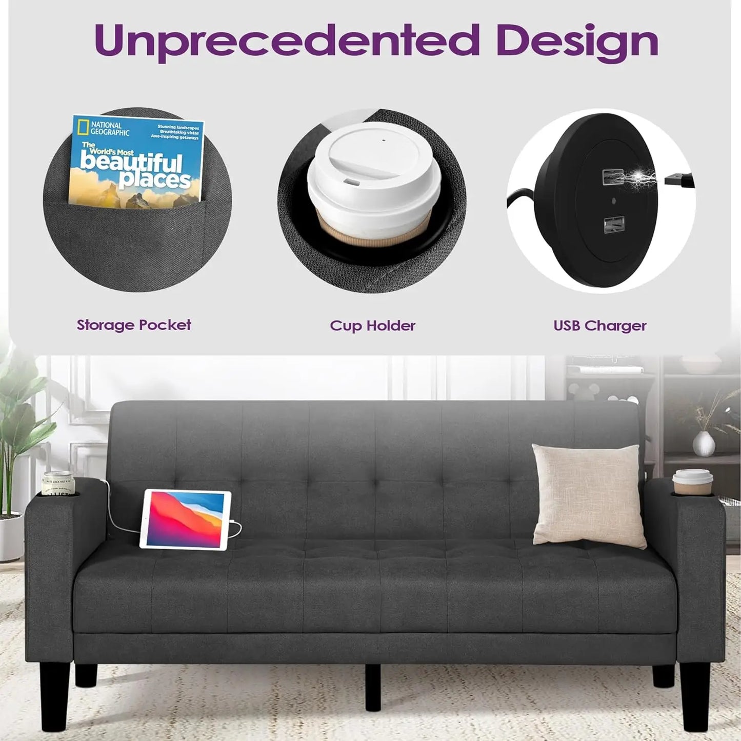 Tufted Mid-Century 2-Piece Sectional Sofa Set With USB Ports