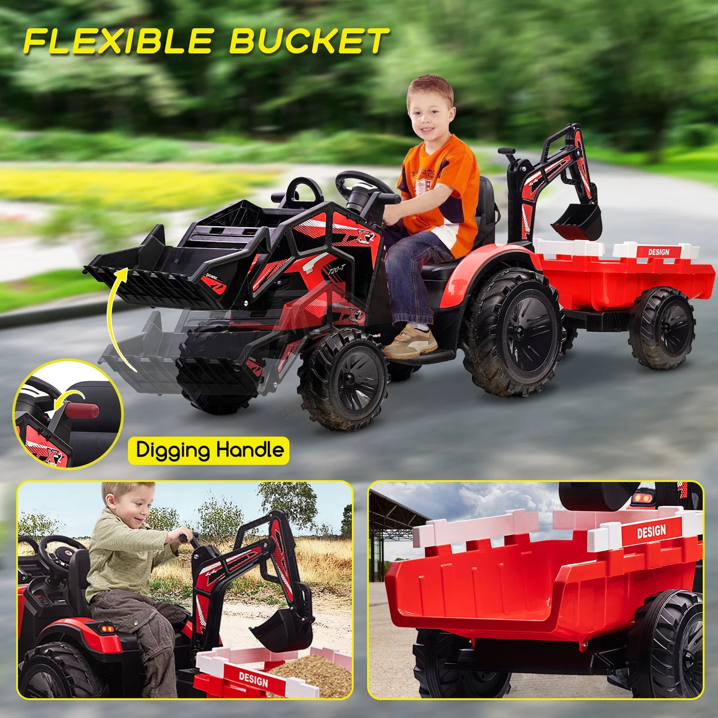 Electronic 3 In 1 Ride On Tractor Excavator And Bulldozer 24V Kids Electric Vehicle With Trailer Remote