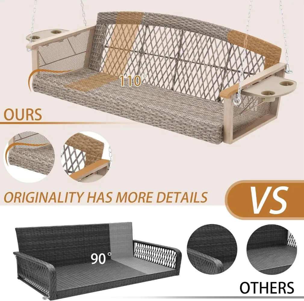 Three Person Wicker Porch Swing With Upgraded Cup Holder Cushions