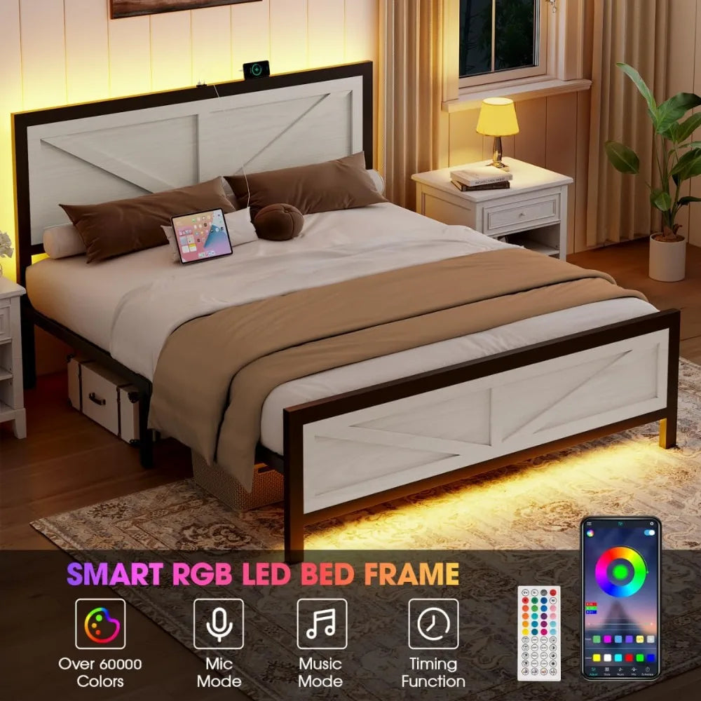 MKDK Bed Frame With Barn Door Headboard LED Lighting