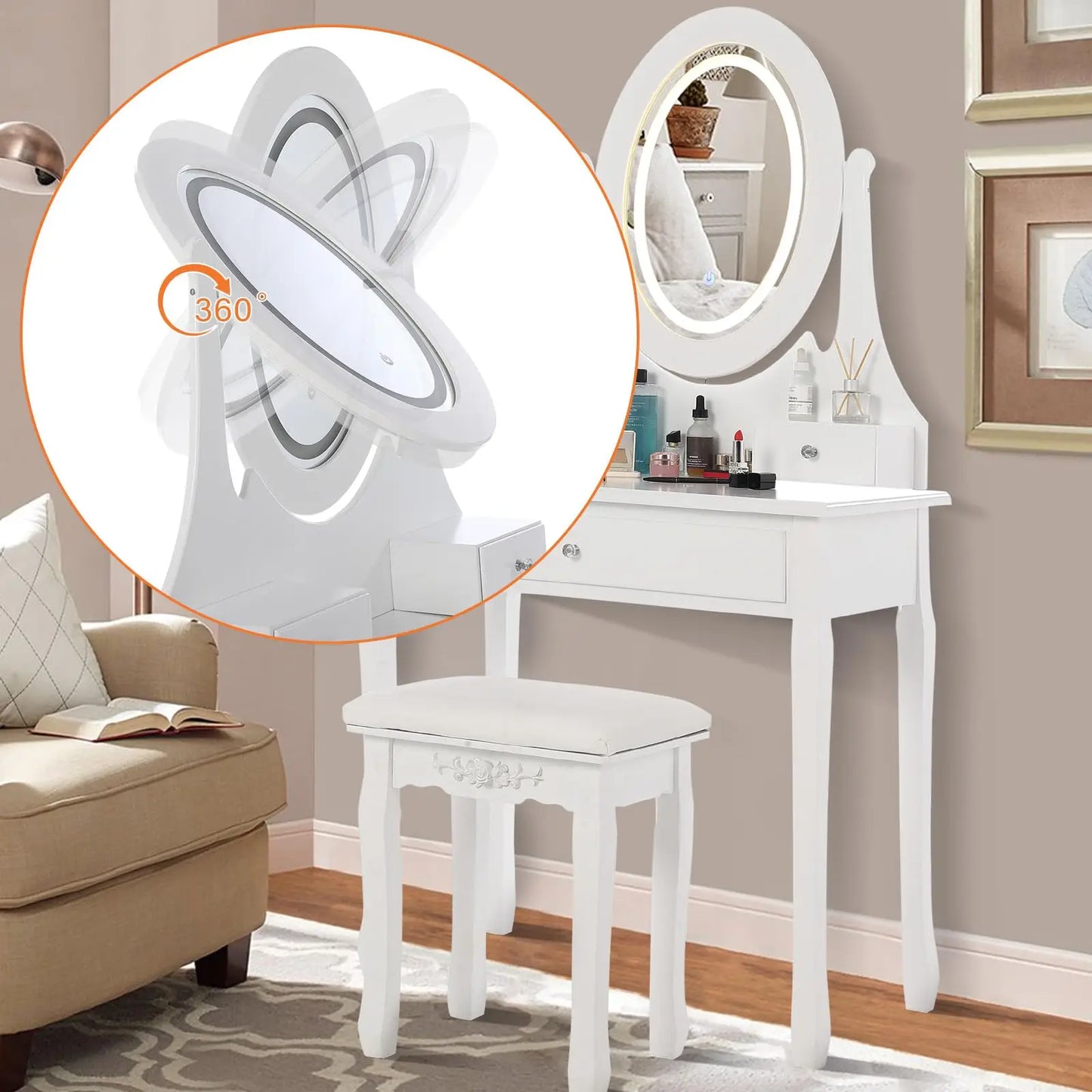 HiMISS Vanity Desk With Mirror And LED Lights