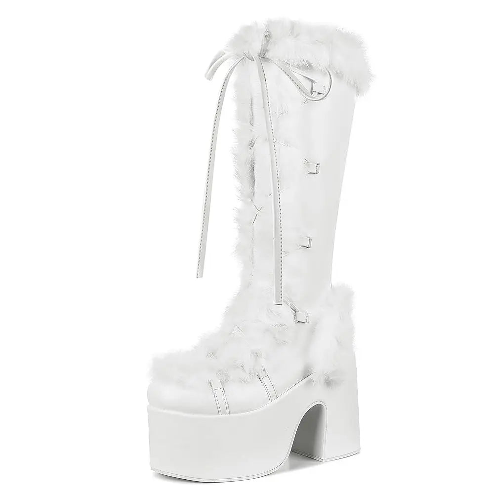 GIGIFOX Faux Fur And Faux Suede Platform Boots For Women