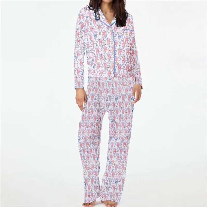 hirigin Women Pajama Set Cartoon Monkey Print Loungewear