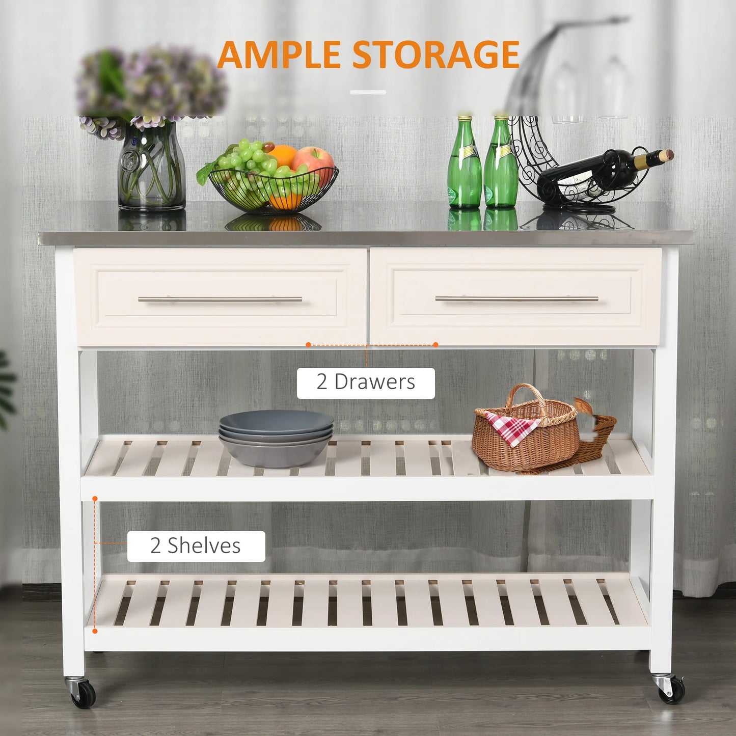 HOMCOM Stainless Steel Top Kitchen Island Cart On Wheels