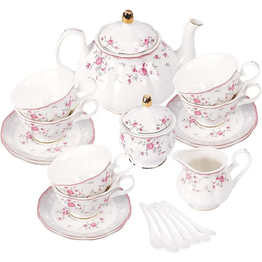 Vintage Porcelain Tea Set for Six With Teapot and Floral Pink Rose