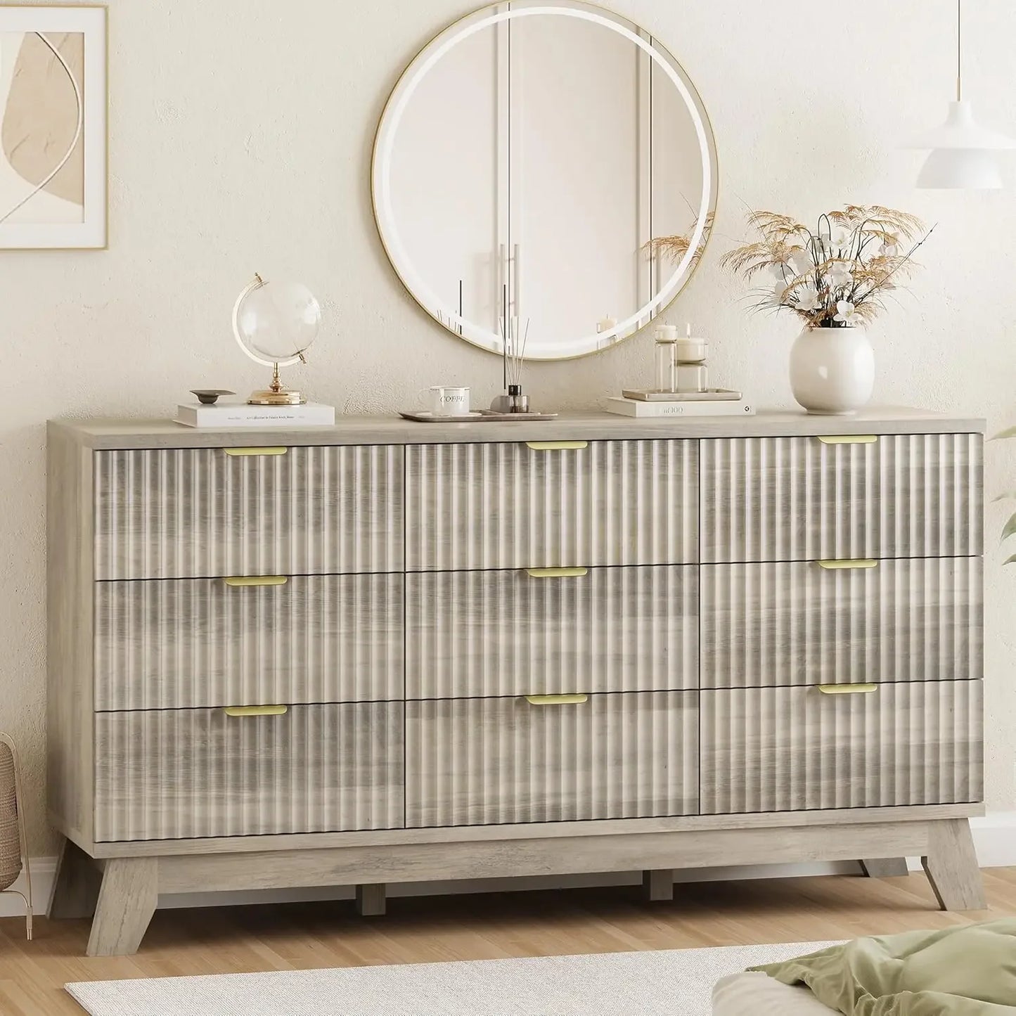 Fluted Dresser With 9 Drawers And Metal Handle For Bedroom