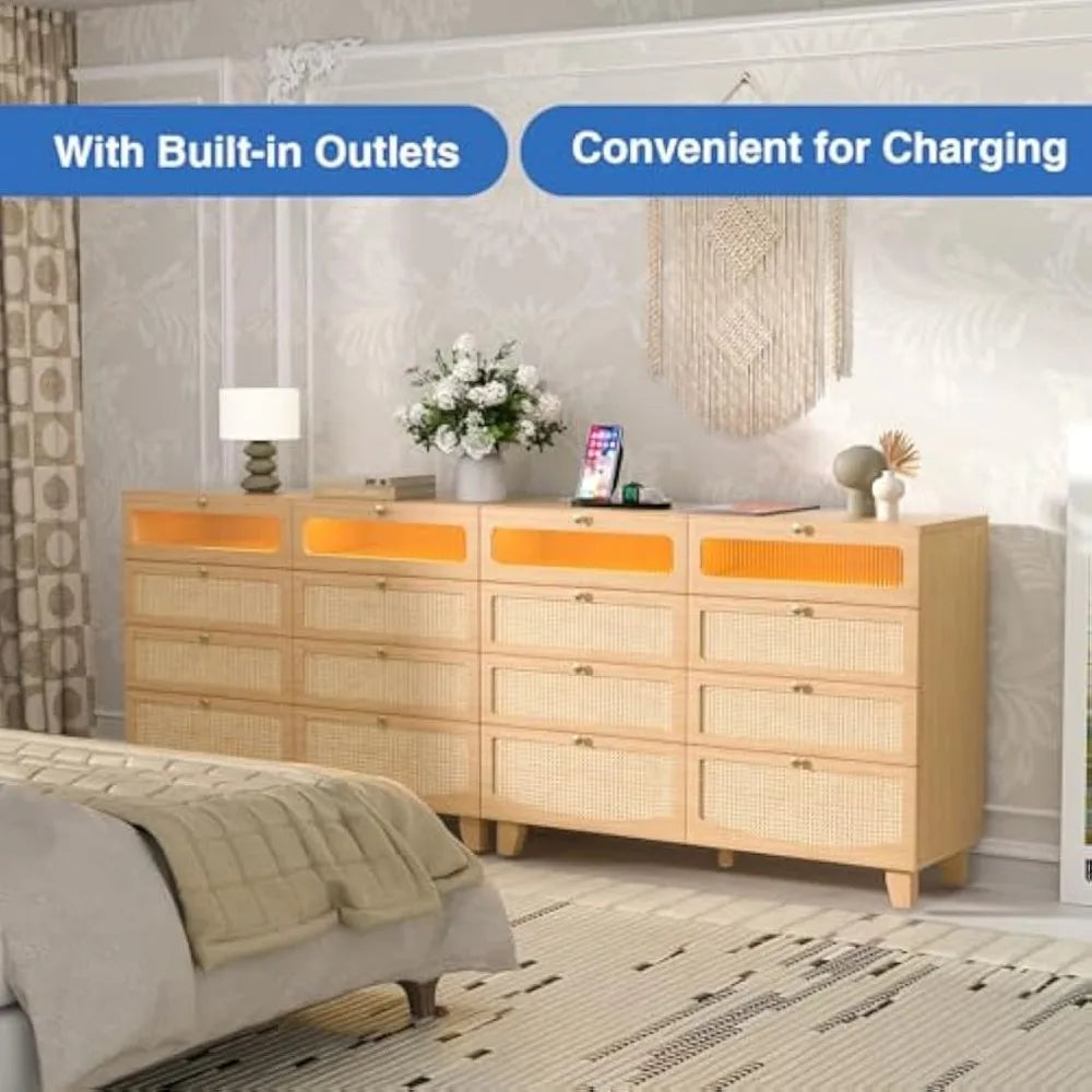 MKDK Rattan Dresser With 8 Drawers And LED Lighting