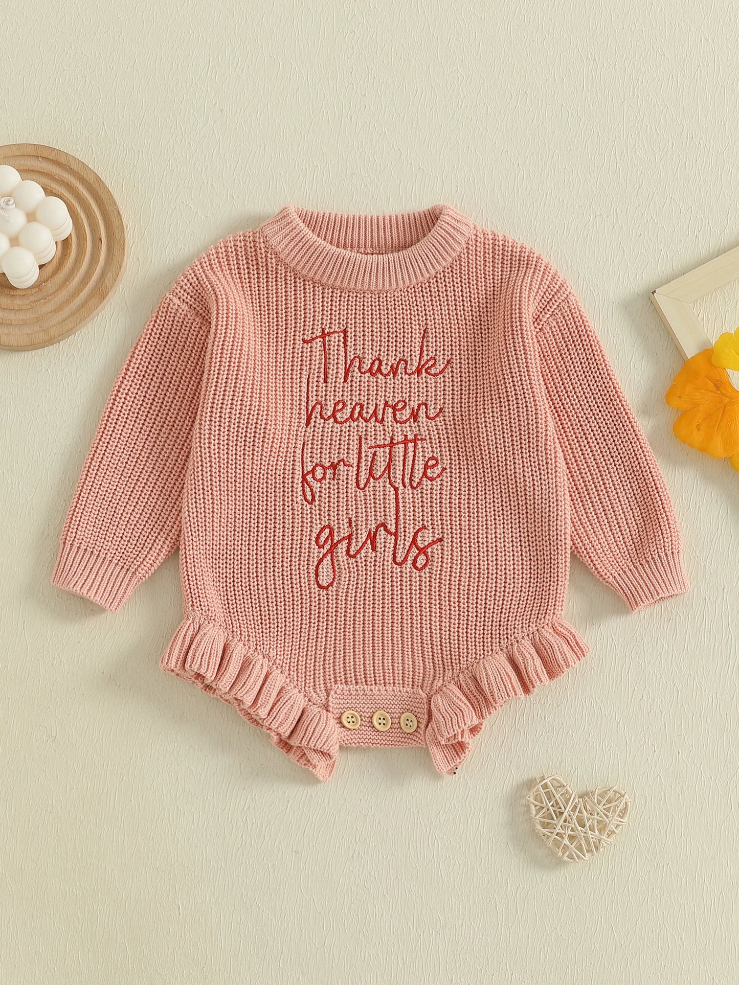Infant Knit Rompers With Embroidered Flowers And Buttons