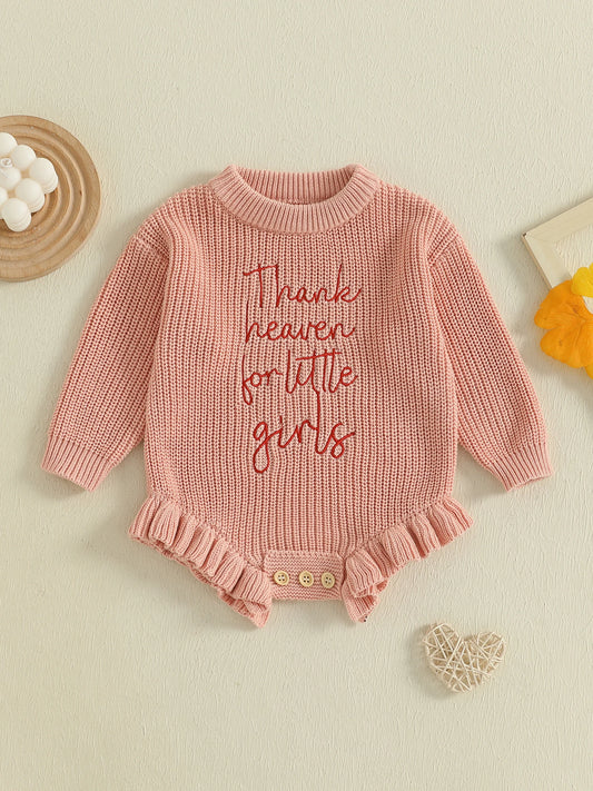 Infant Knit Rompers With Embroidered Flowers And Buttons