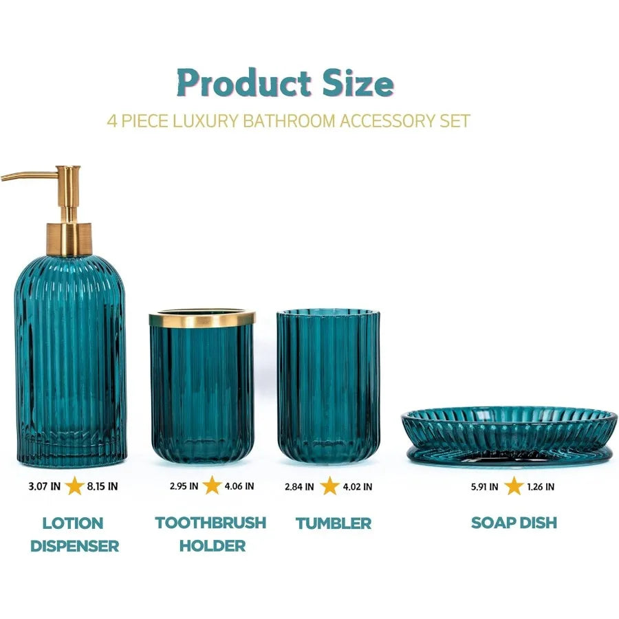 Brushed Metal Patterned Glass Bathroom Accessory Set 4 Piece