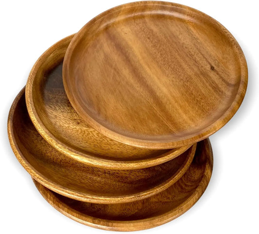 Wooden Plates Handcrafted Set of 4 Acacia Dining Plates
