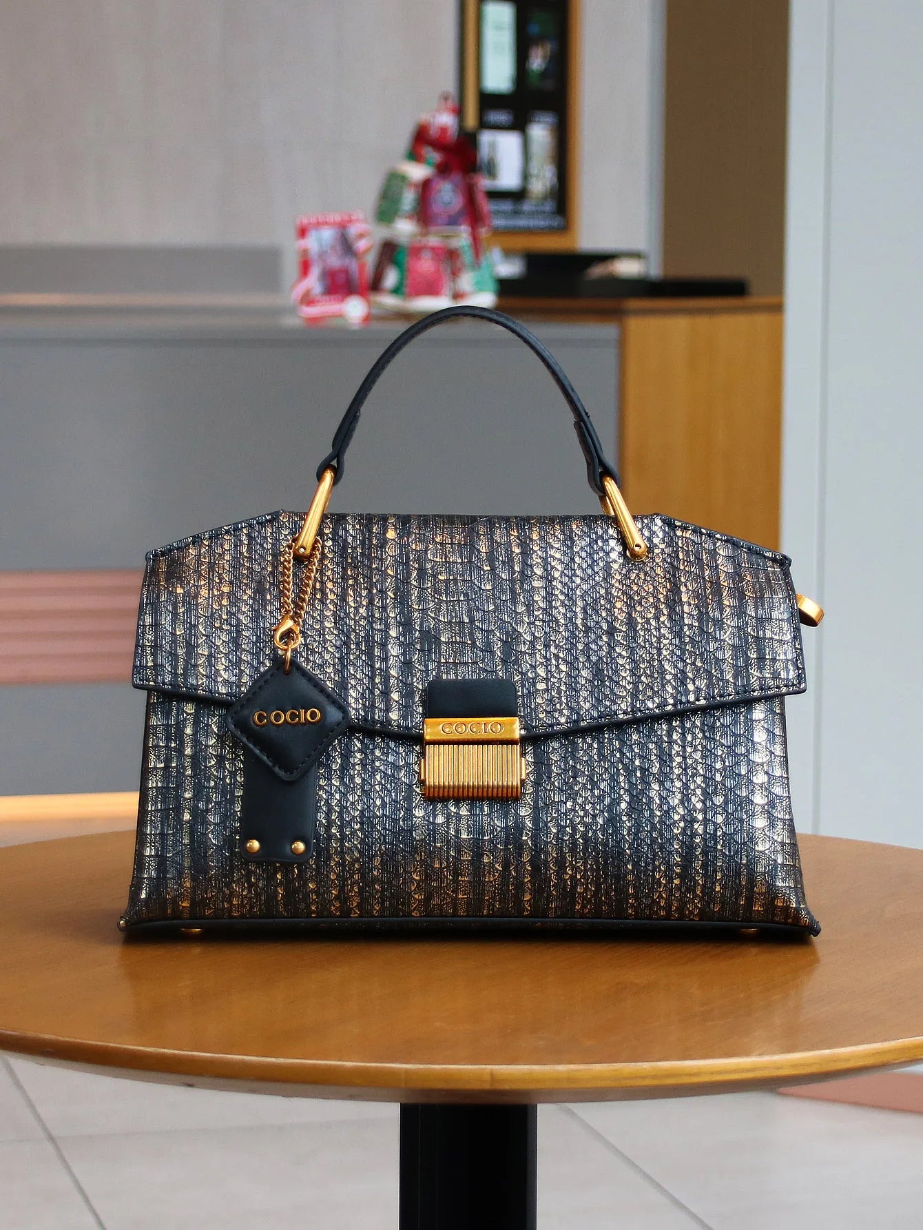 NONECN Leather Handbag Snake Skin Pattern Luxury Tote