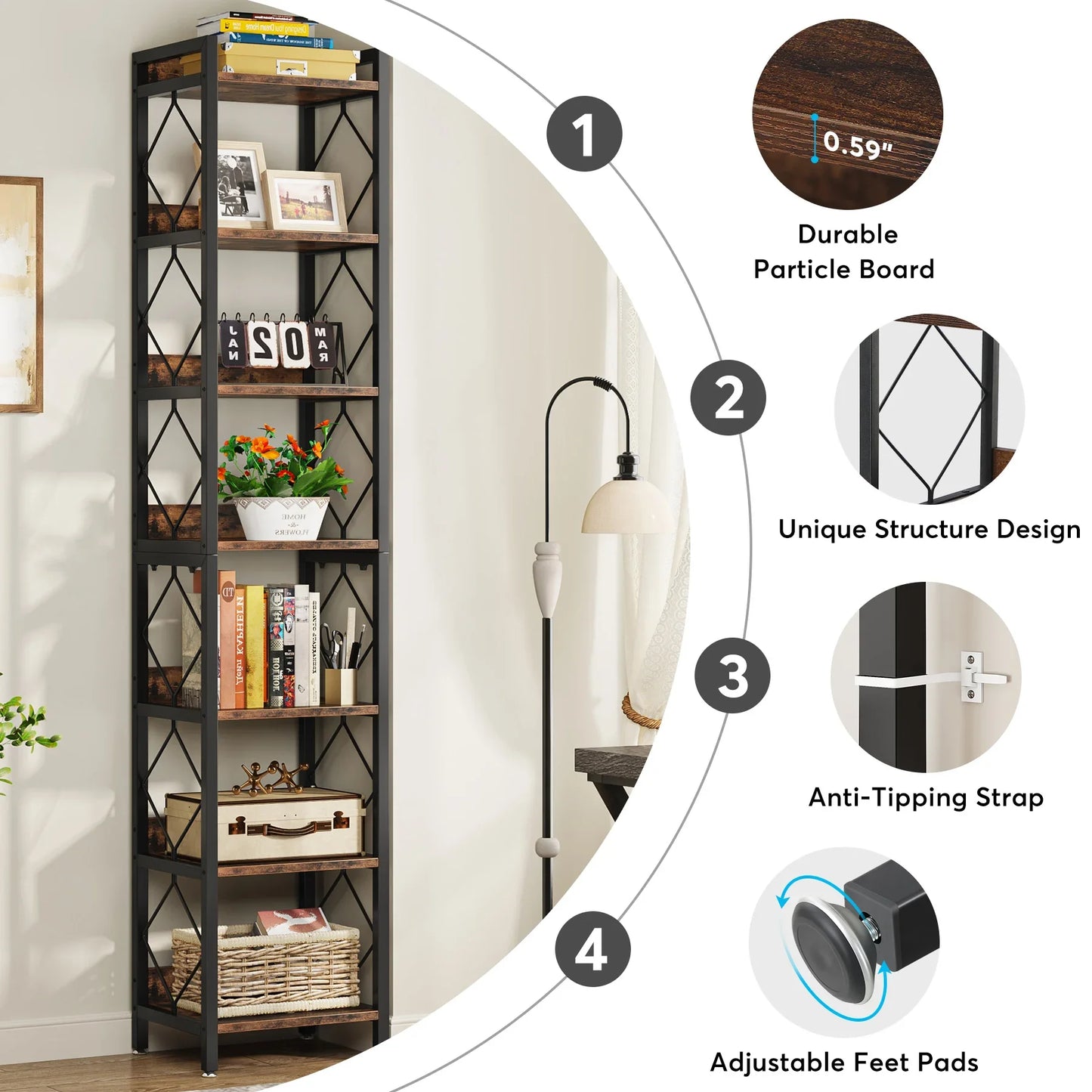 Tribesigns 7-Tier Slim Bookshelf For Small Spaces Freestanding Display