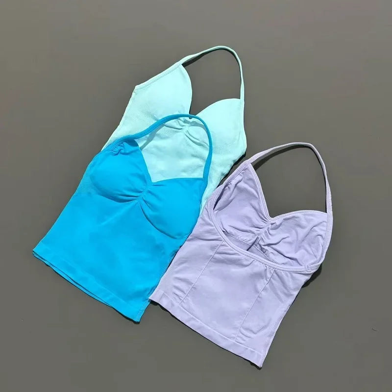 Women Gym Halter Top Longline Strappy Yoga Tank Removable Cups