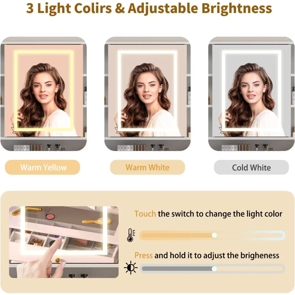 HUANZHUANG Makeup Vanity Desk With Mirror Lights Glass Top