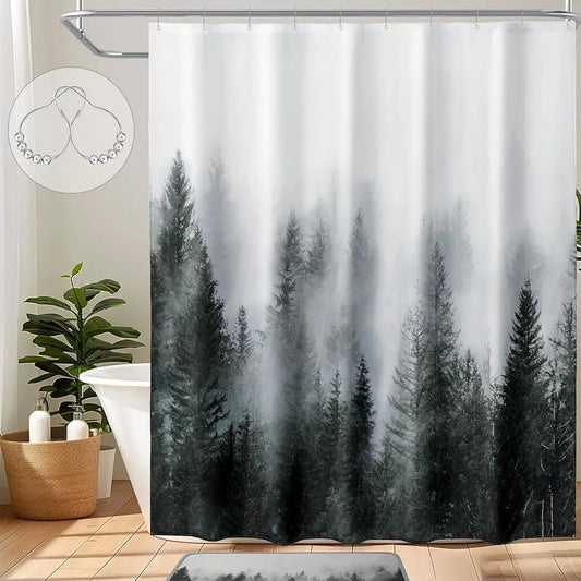 Forest Shower Curtain Set With Hooks For Bathroom Woodland Pine Tree Design