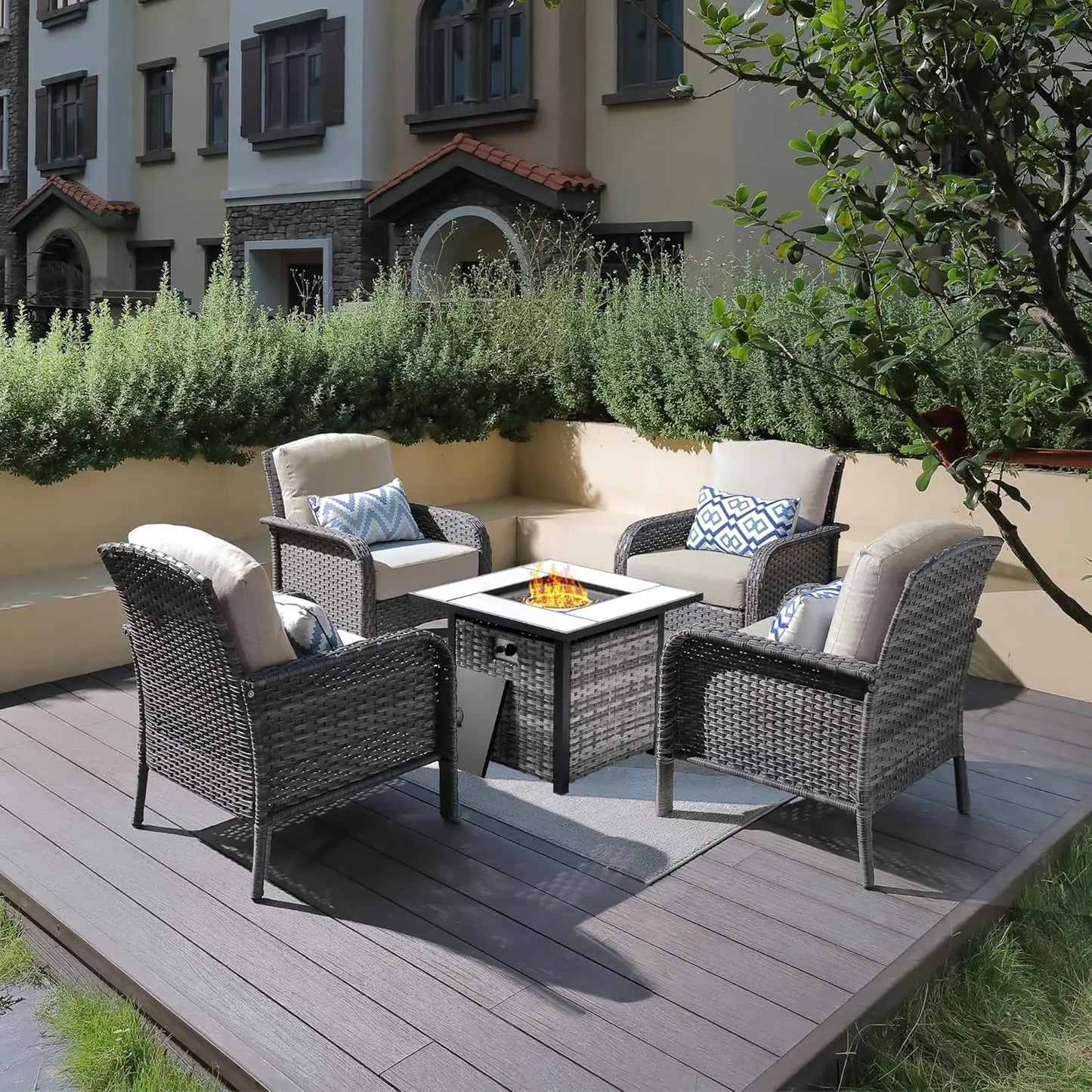 Folded 4-Piece Patio Set With Fire Pit Table And Chairs