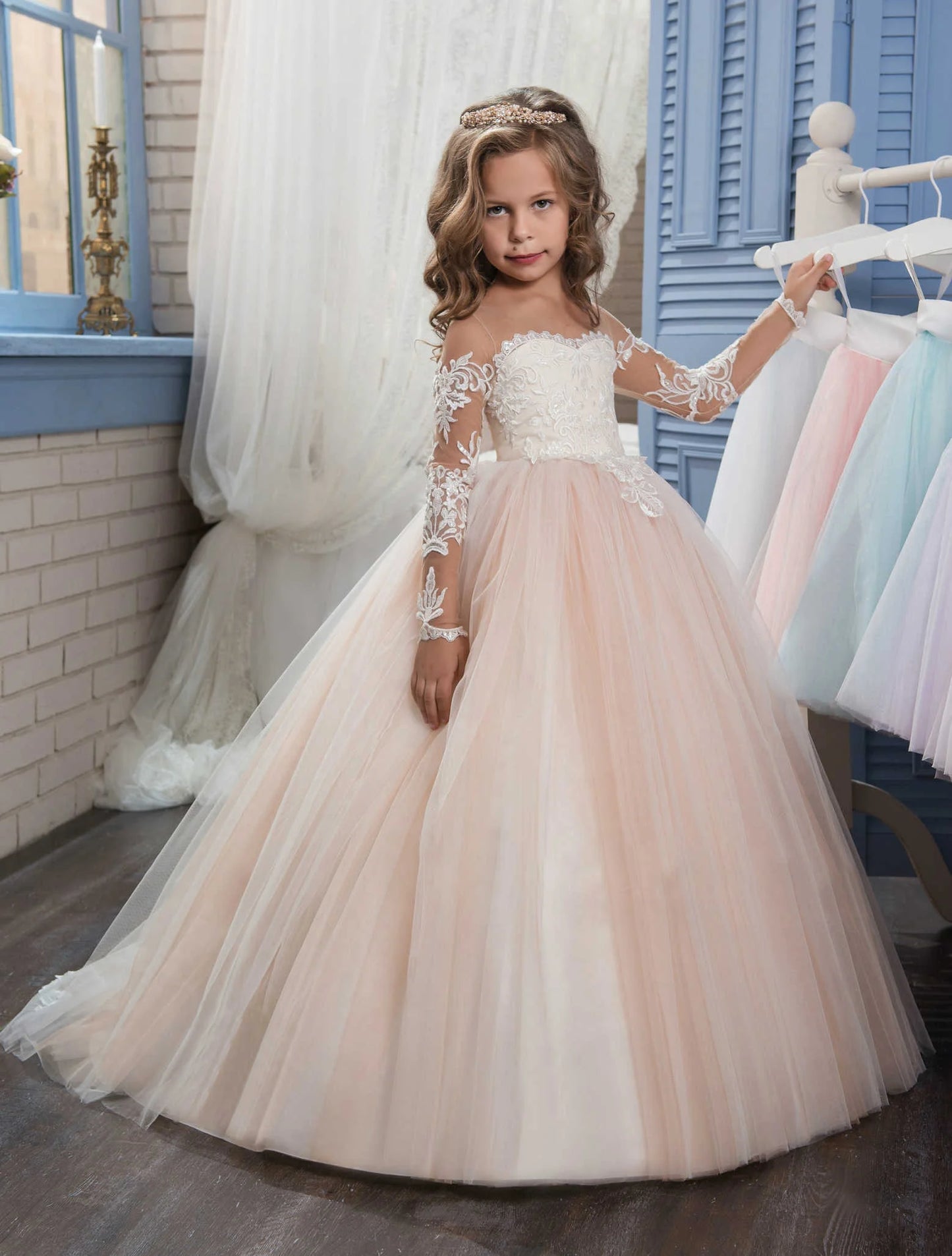 Abaowedding Lace Embroidery Sheer Long Sleeves Girls Gowns