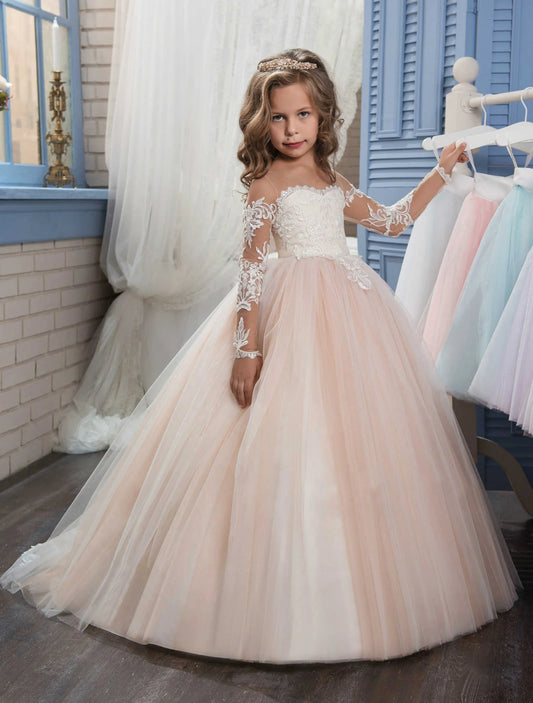 Abaowedding Lace Embroidery Sheer Long Sleeves Girls Gowns