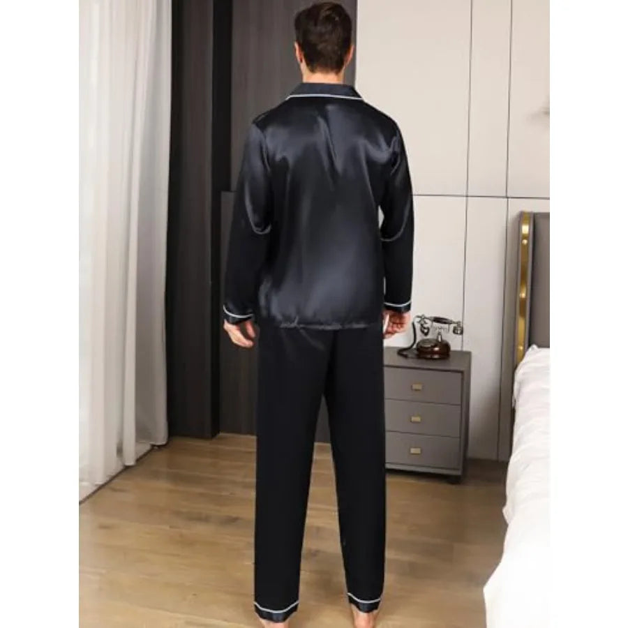 Satin Silky Men's Pajama Set With Long Sleeve And Pockets
