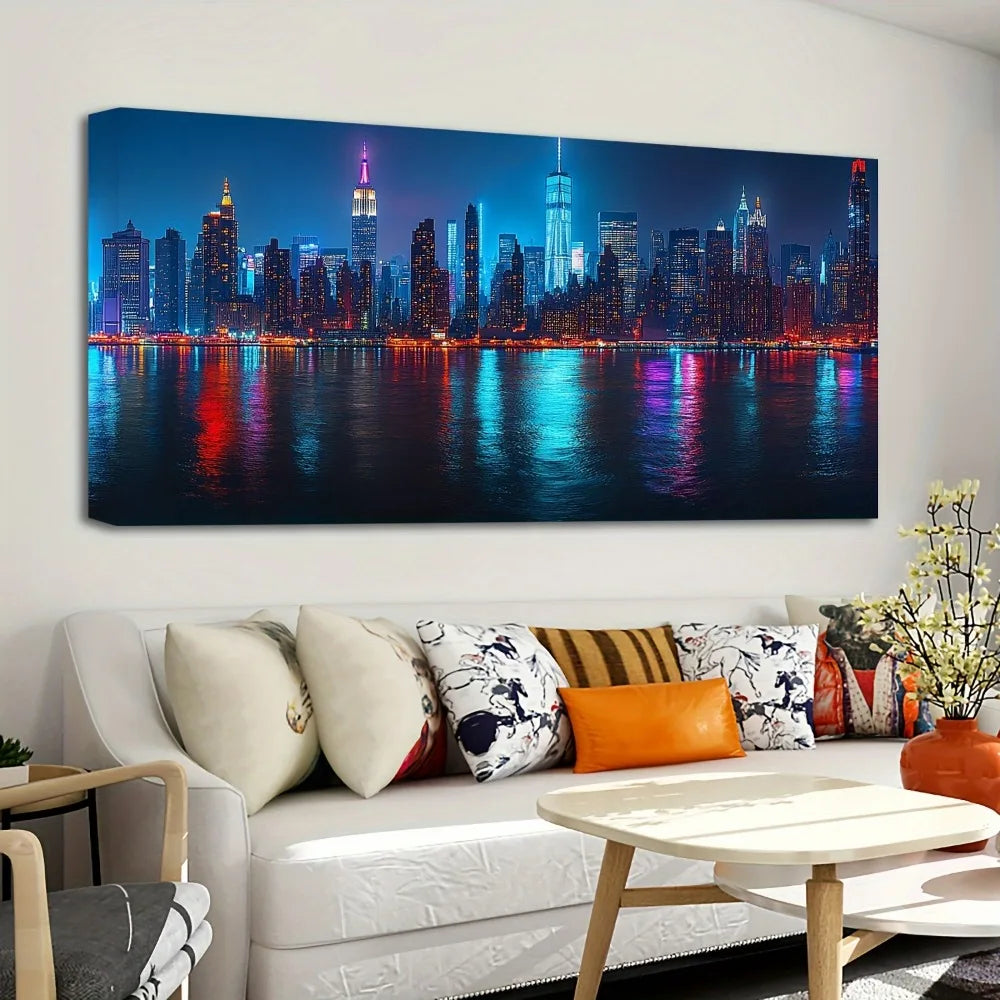 New York City Night View Canvas Wall Art Pine Frame
