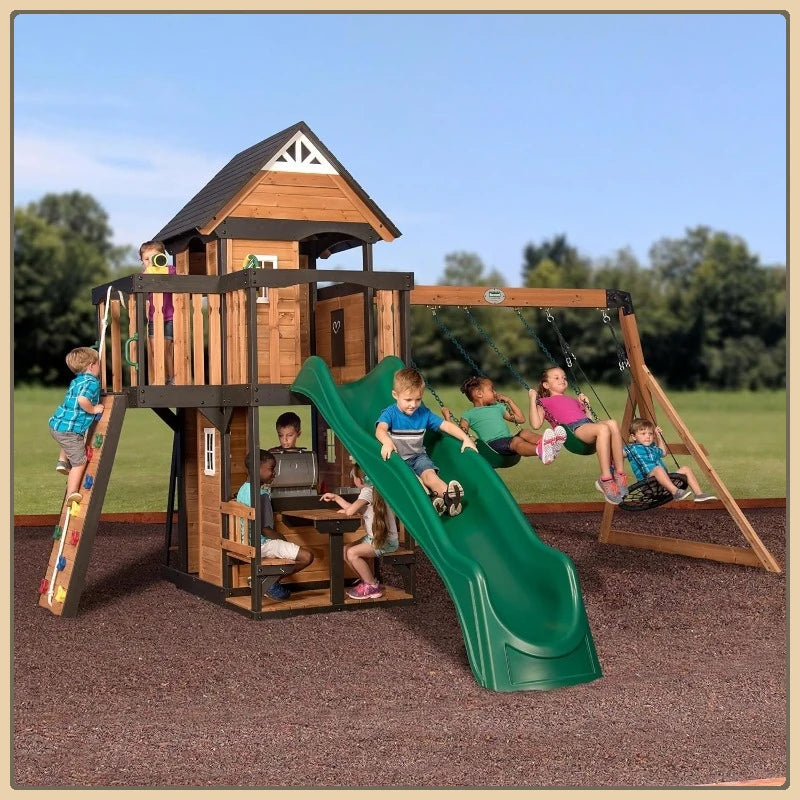 Cedar Wood Outdoor Swing Set With Wave Slide And Clubhouse