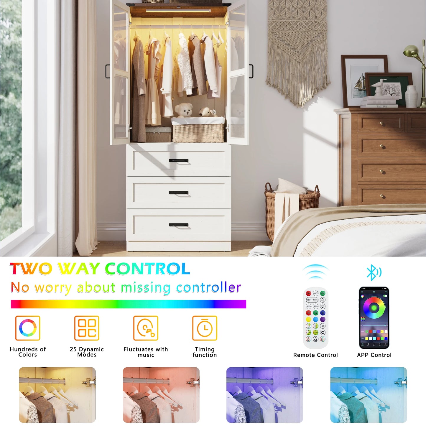 QiaoShiRen Farmhouse Armoire Wardrobe With LED Lighting Freestanding