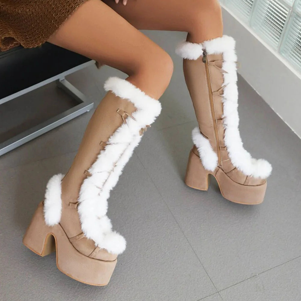 GIGIFOX Faux Fur And Faux Suede Platform Boots For Women