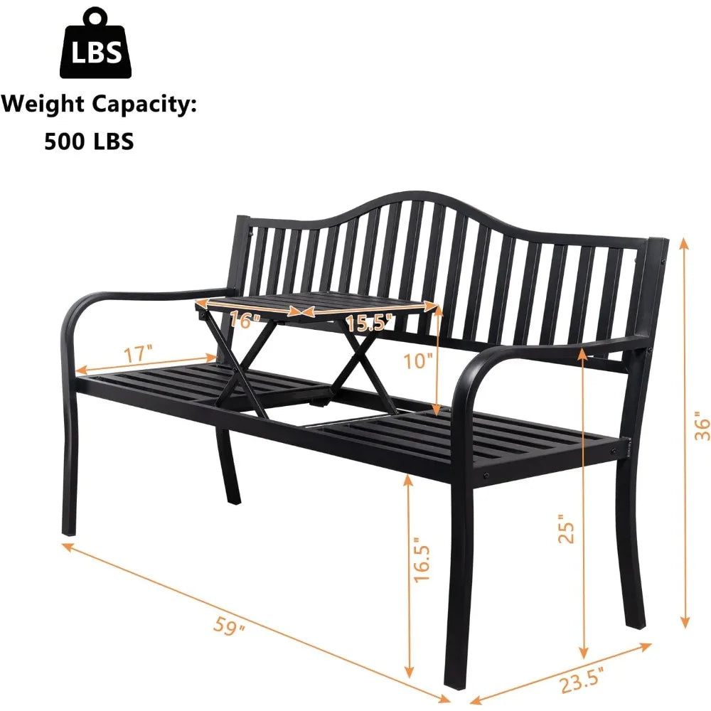 TIFICY Outdoor Metal Bench With Integrated Table Weatherproof