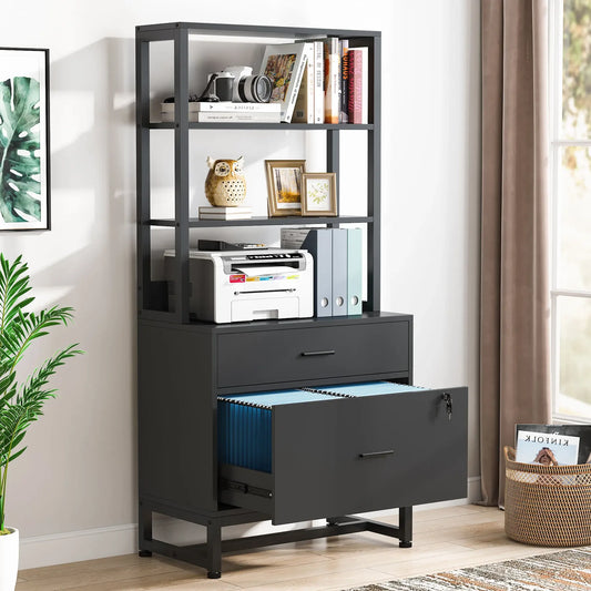 Tribesigns Two Drawer Vertical File Cabinet With Lock And Bookshelf