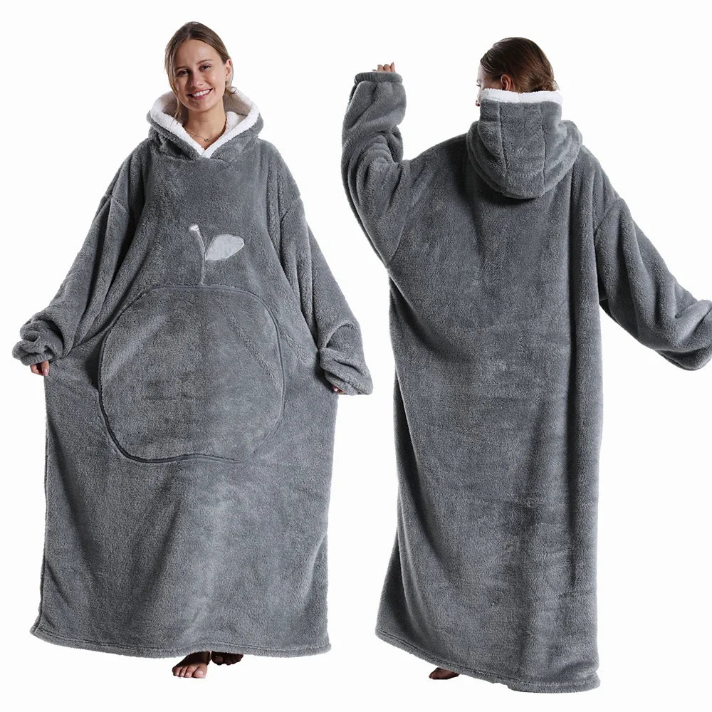 Polar Fleece Wearable Hooded Blanket With Sleeves For Adults